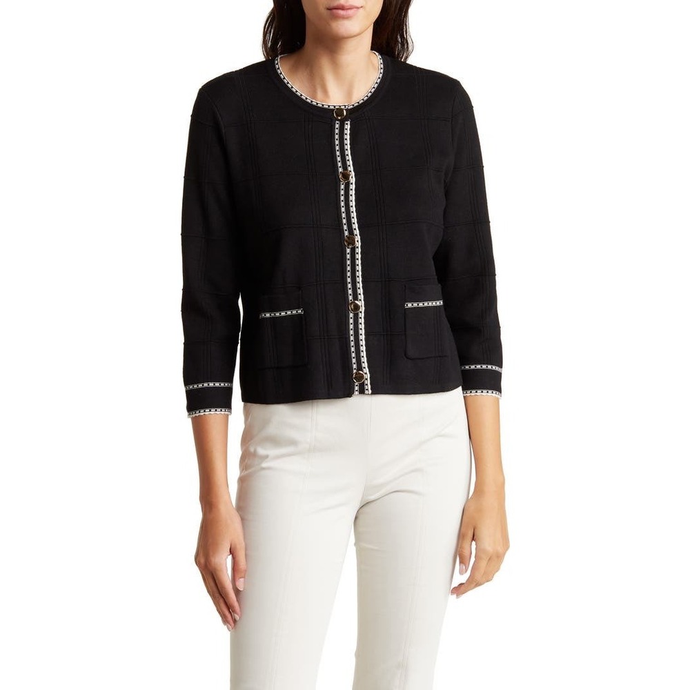 Adrianna Papell Tipped Button‎ Front Cardigan - Black/Cream Size Medium NWOT